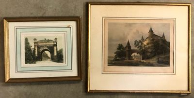 Deux gravures anciennes rehaussées, comprenant : - Porte et …