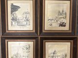 quatre dessins encadrés représentant une ville avec une tour horloge en arrière-plan