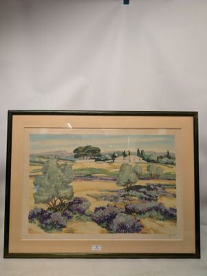 framed watercolor painting of a landscape with lavenders and trees