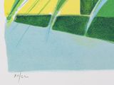 a drawing of a green and yellow building on a sunny day