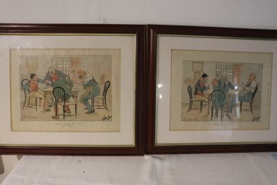 two framed pictures of a couple of people sitting at a table