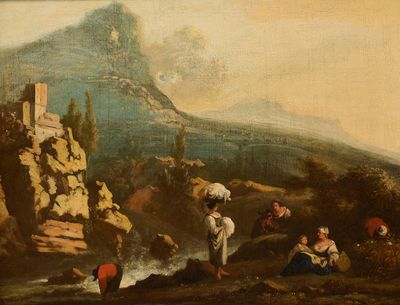 un tableau représentant un groupe de personnes dans un paysage montagneux