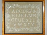 a picture of a cross stitched alphabet on a easel