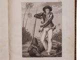 an old book with a drawing of a man holding a rifle