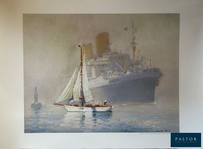 une peinture représentant un voilier sur l'eau, avec un navire en arrière-plan