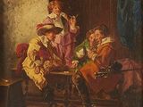 painting of a group of people sitting around a table in a room