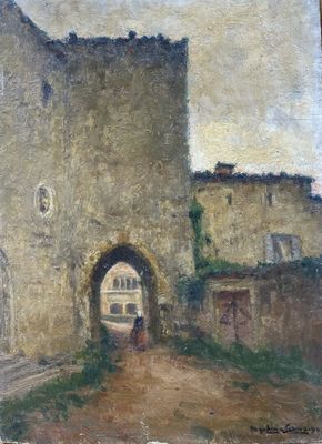 an oil painting of a castle with a gate and a person walking down the road