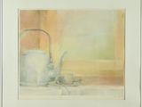 a picture of a painting of a teapot and lemons