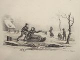 drawing of a boy on a sled being pulled by a man