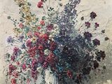 une peinture à l'huile représentant un vase de fleurs sur une table