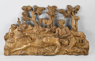 an image of a wooden sculpture of a man and a woman on a horse