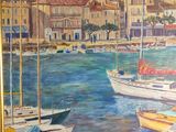 a painting of boats in a harbor with buildings in the background