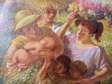 un tableau représentant trois femmes tenant un bébé dans un champ