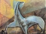 tableau représentant une girafe debout sur un rocher, avec un coucher de soleil en arrière-plan