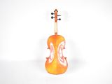 an orange violin sitting on top of a white surface next to a white wall