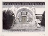 un dessin en noir et blanc représentant un bâtiment avec une statue sur les marches