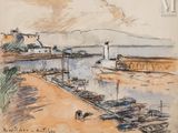dessin représentant une vue d'un port avec des bateaux et un phare