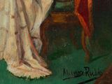 painting of a woman in a white dress sitting in a chair next to a table