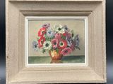 une image d'une peinture de fleurs dans un vase sur une table