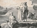 a drawing of a man and a woman standing on a rock by the water