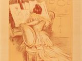 the cover of a book with a drawing of a woman sitting at a desk