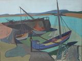 a painting of boats on the shore of the water