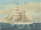 painting of a sailing ship in the ocean with a flag on top of it