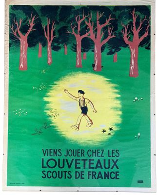 french vintage poster of a man running through a forest