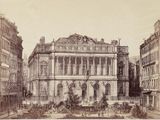 drawing of a large building with a clock on the top of it