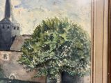 an oil painting of a church with a steeple and a tree in the foreground