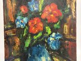 une peinture de fleurs dans un vase bleu sur une table