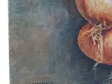 painting of a bunch of onions on a blue surface