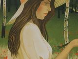 a painting of a woman holding a bird in a field