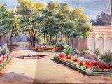 a painting of a garden with a fountain in the middle of it