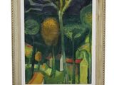 tableau représentant un arbre jaune dans un champ vert, avec un ciel bleu en arrière-plan