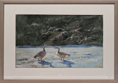 painting of a flock of birds flying in the sky over a field