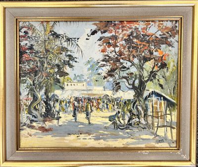 an image of a painting of people in a park with trees