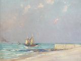 tableau représentant un voilier sur la plage, avec une jetée en arrière-plan