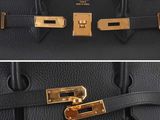 two photos of a black bag with gold hardware and a gold lock