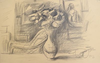 un dessin représentant un vase contenant des fleurs