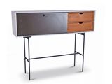the sideboard is made of metal and wood with two drawers
