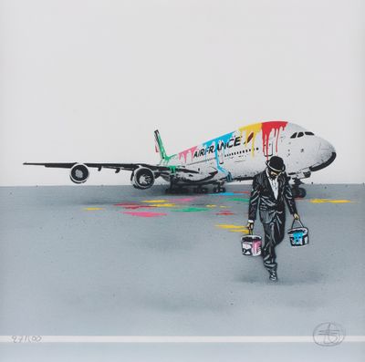 un tableau représentant un homme marchant vers un avion