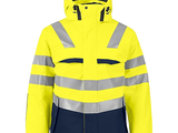 une veste jaune et bleue avec des bandes réfléchissantes et une capuche