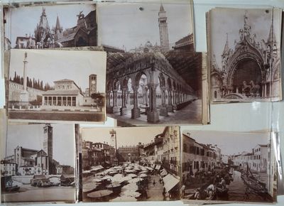 several old black and white photos of a city with a clock tower