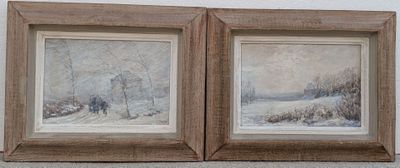 tableau représentant deux photos encadrées d'un paysage enneigé avec un homme et un chien