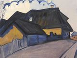 une image représentant une peinture d'une église située sur une colline près d'une route