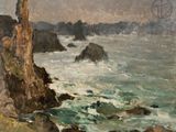 an image of a painting of a rocky cliff by the ocean