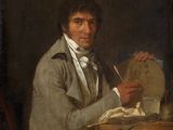 painting of a man sitting at a table with a clock in his hand