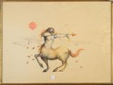 tableau représentant un homme à cheval, muni d'un arc et de flèches