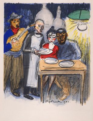 tableau représentant trois personnes debout autour d'une table sur laquelle sont posées des assiettes de nourriture